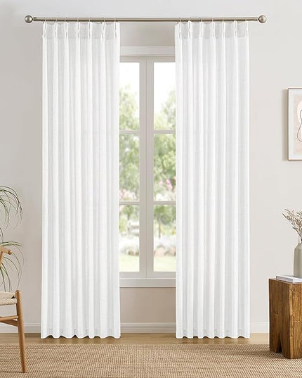 White Linen Pinch Pleated Semi Sheer Curtains 2 Panels 45 Inches Long, Back Tab with Hooks, Window Treatment Curtains for Bedroom Cabin 42 Inch Wide