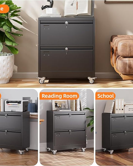 METAN Upgrade 2 Drawers Lateral File Cabinet on Wheels,Steel Office Filing Storage Cabinet with 2 Locks,Assembly Required,Black