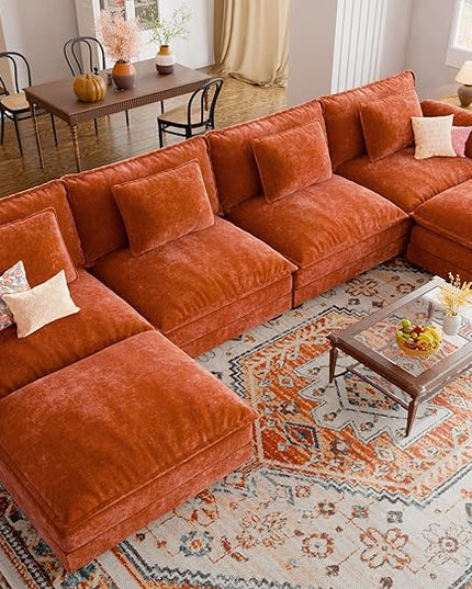 ELUCHANG 153" U Shaped Modular Sectional Cloud Couch with Pillow, Deep Seat Sofa Couches for Living Room, 6-Seat Modern Sofa with Movable Ottoman, Chenille Terracotta