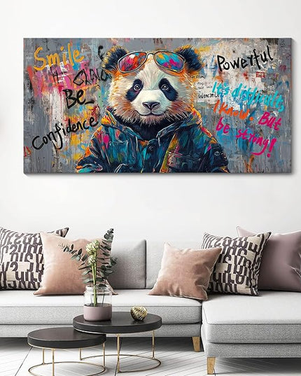 JEAWA Large Canvas Wall Art, Funny Panda Abstract Graffiti Street Art Pop Wall Picture Black and White Paintings Ready to Hang Living Room Bedroom Study Home Office Inspirational Decor 29x58 IN