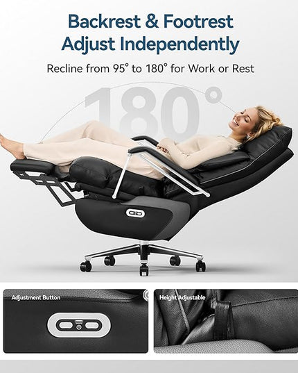 M80A Dual Motor Electric Executive Office Chair with Footrest, Comfortable Reclining Office Chair Wide Seat, Big and Tall Ergonomic Leather Home Office Desk Chair (Black,No Massage)
