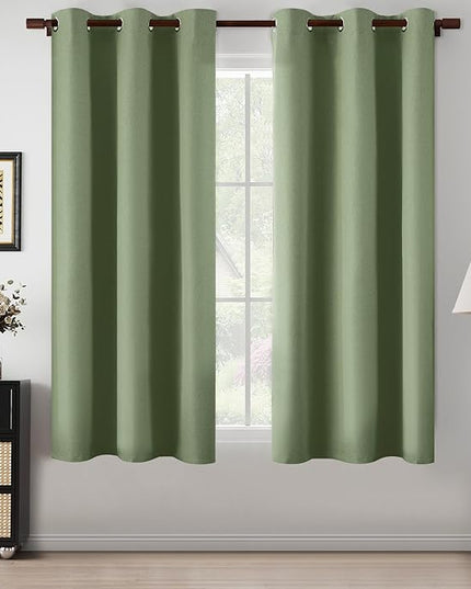 100% Blackout Sage Green Curtains for Bedroom 2 Panels Linen Textured Thermal Insulated Heat Blocking Grommet Drapes for Nursery, Sage Green, W37 x L64, 2 Panels