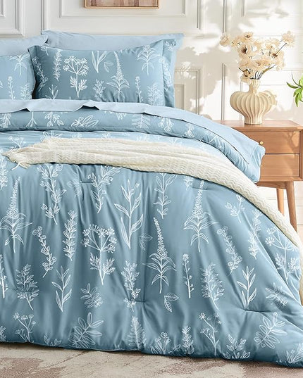 MUXHOMO Blue Bed in a Bag King 7 Pieces, King Comforter Set Reversible Botanical Flowers Design, Ultra Soft & Breathable Bedding Sets with Comforter, Sheets, Pillowcases & Shams