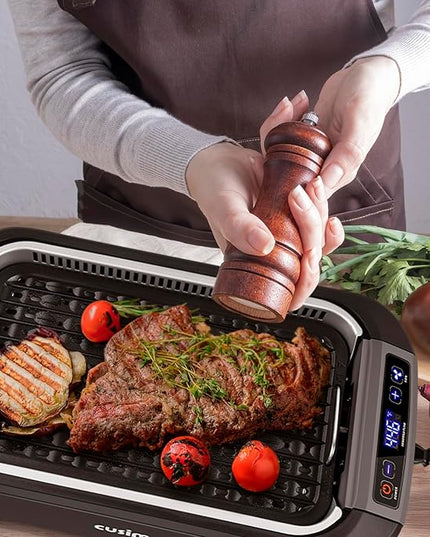 CUSIMAX Electric Indoor Grill, 1500W Smokeless Korean BBQ Grill with Smart LED Display & Tempered Glass Lid, Removable Non-stick Plate, Turbo Smoke Extractor, Black