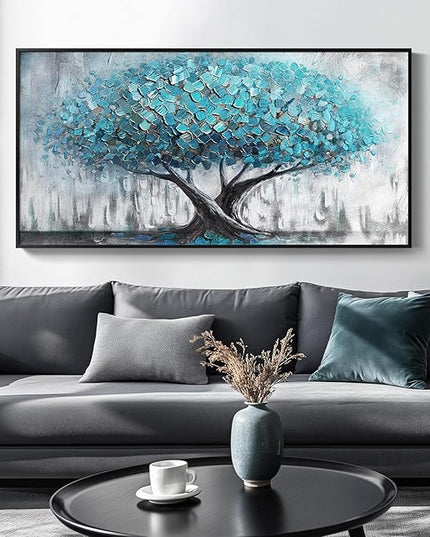Large Framed Tree of Life Wall Art, Modern Canvas Prints Paintings Artwork for Walls, Rustic Blue Big Tree Pictures for Living Room Fireplace Bedroom Dining Room Office Wall Decor 30x60 Inch