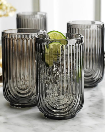 Glaver's Vintage Glassware Art Deco Glasse Ribbed Drinking Glasses U-Shape Arch Design Colored Cocktail Kitchen Tumblers Everyday Dinner Decorative Party (Smoke S/4 17oz)