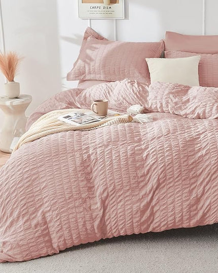 HYMOKEGE Rose Gold Full Size Comforter Sets Seersucker 7 Pieces, All Season Luxury Bed in a Bag for Bedroom, Bedding Set with Comforters, Sheets, Pillowcases & Shams