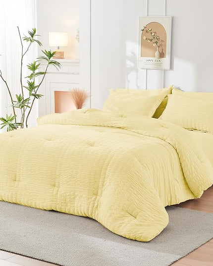 HYMOKEGE Yellow Twin Comforter Set Seersucker 5 Pieces, All Season Luxury Bed in a Bag for Bedroom, Bedding Set with Comforter, Sheets, Pillowcase & Sham