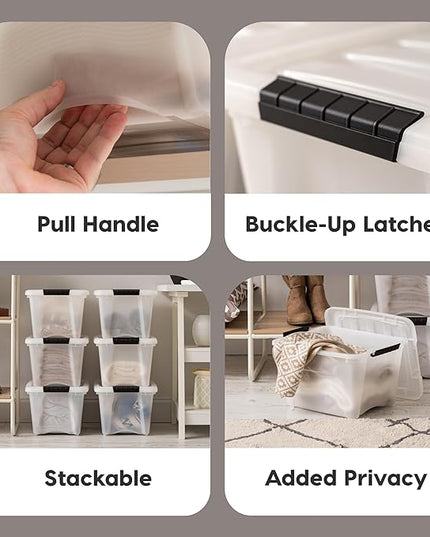 IRIS USA 19 Qt Stackable Plastic Storage Bins with Lids, 6 Pack - BPA-Free, Made in USA - Discreet Organizing Solution, Latches, Durable Nestable Containers, Secure Pull Handle - Pearl