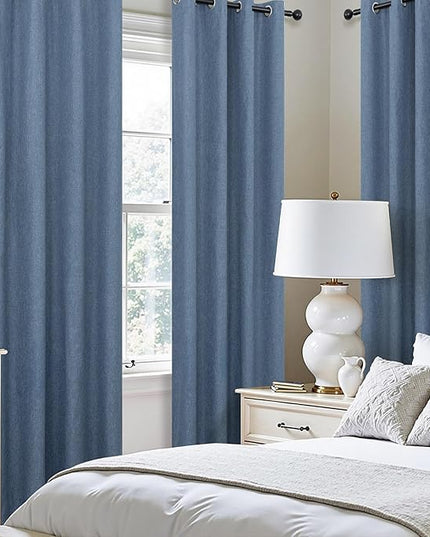Blue Linen Blackout Curtains 90 Inch Length 2 Panels Set for Bedroom Living Room Grommet 100% Black Out Linen Drapes Room Darkening Window Curtains 90 Inches Long Stone Blue