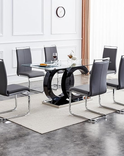 Ebullient Glass Dining Table Set for 6 ，7 Piece Dining Table Set,Tempered Glass Table Top，Modern Dining Room Table with 6 PU Leather Ergonomic Dining Chairs