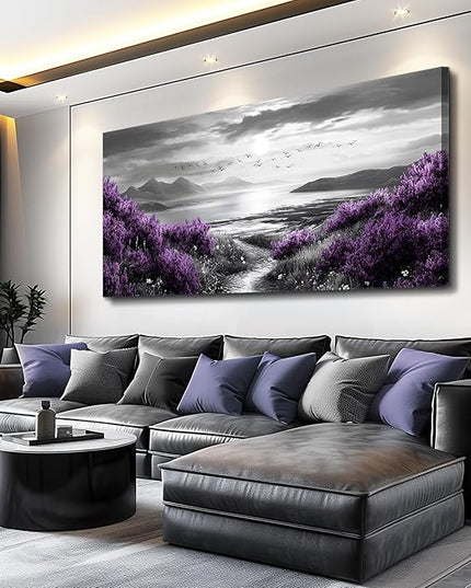 Canvas Wall Decor for Office Large Wall Art for Living Room Modern Bedroom Wall Decoration Purple Flowers Landscape Pictures Black and White Scenery Paintings Artwork Aesthetic Home Decor