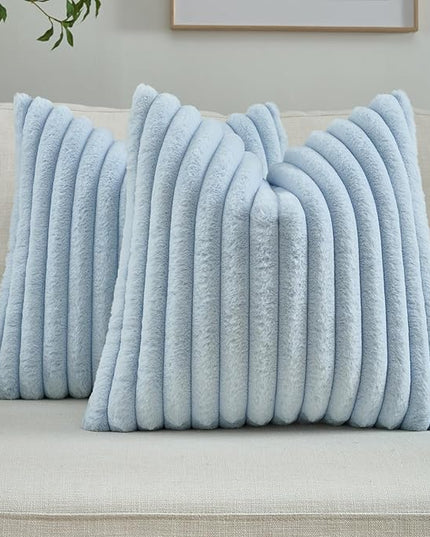 FUTEI Light Blue Throw Pillow Covers Set of 2, 22x22 Inch Striped Texture Cushion Cases with Soft Faux Rabbit Fur Front & Velvet Back, Modern Decorative Couch Pillows for Living Room