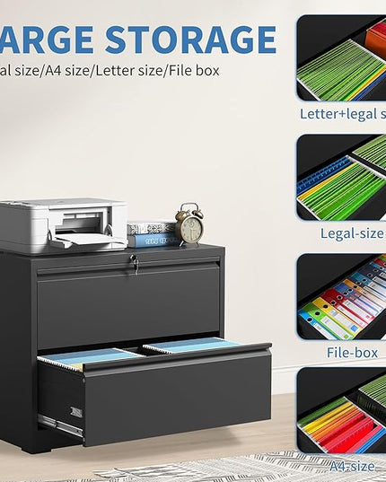 File Cabinets 2 Drawer,Metal Office Storage Filing Cabinet with Lock,Black Lateral Filing Cabinet for Home Office,Horizontal 2-Drawer File Cabinets for Legal/Letter/A4,Assembly Require,Black