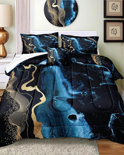 Bedbay Blue Marble King Size Comforter Set Blue Gold Marble Comforter Set 8 Pieces Soft Lightweight Bed in a Bag Metallic Luxury Bedding Set