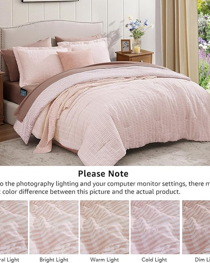 Full Comforter Set - 7 Pieces Pink Gauze Muslin Bedding Sets for All Seasons, Lightweight Breathable Bed in a Bag Full with Revesible Farmhouse Comforter, Sheets, Pillowcases & Sham
