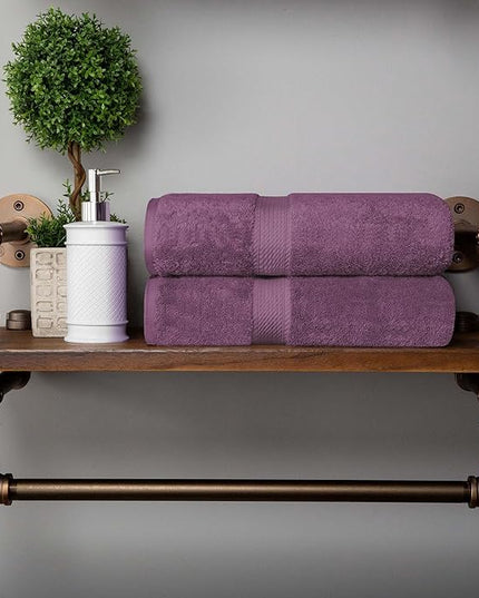 Superior Egyptian Cotton Pile Bath Towel Set of 2, Ultra Soft Luxury Towels, Thick Plush Essentials, Absorbent Heavyweight, Guest Bath, Hotel, Spa, Home Bathroom, Shower Basics, Plum