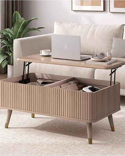 Lift Top Coffee Table with Storage, Mid Century Modern Coffee Table with Solid Wood Legs, 38" Minimalist Fluted Center Table for Living Room, Home Office, Natural Oak