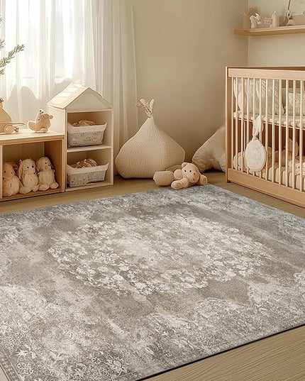 jinchan Vintage Floral 4x6 Area Rugs - Machine Washable Distressed Design Soft Ultra-Thin Low-Pile Non-Slip Carpet for Entryway Kitchen Bedroom Nursery Living Room Dining Room (4x6ft, Brown)