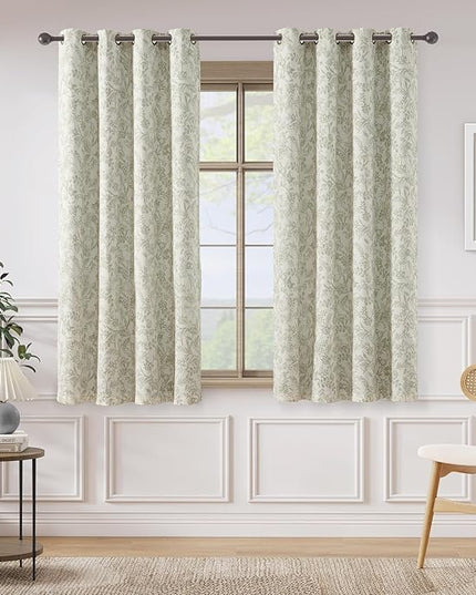Lazzzy Green Floral Lined Curtains Linen Farmhouse 63 Inch Length Grommet Top Drapes for Living Room Bedroom Patterned Country Vintage Flower Curtains 2 Panels Set Green on Beige