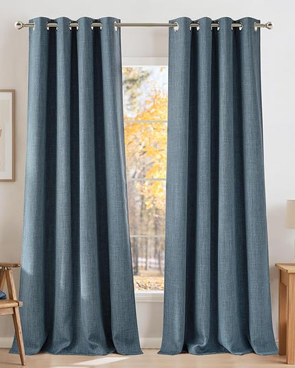NICETOWN Faux Linen Mist Blue Blackout Curtains 84 inches Long for Living Room - Privacy Panels for Bedroom, Modern Farmhouse Style Easy Care Grommet Top, 2 Panels, W52 by L84