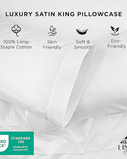Linen Home 500 Thread Count King Pillowcase Set | 100% Long-Staple Cotton Pillow Cases | Soft & Smooth Luxury Satin Set of 2 Pillowcases | 4 Inch Z Hem | White