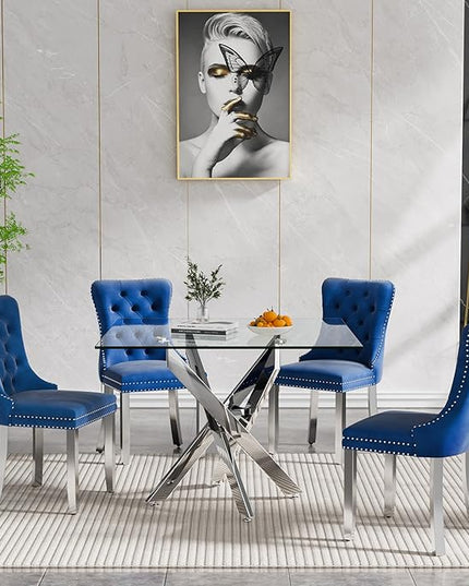 Glass Dining Table Set for 4, Square 36" Dining Table with Silver Cross Metal Leg, 4 Blue Velvet Dining Chairs with Stainless Steel Legs, Modern Glass Kitchen Table and Chairs Set for Small Space