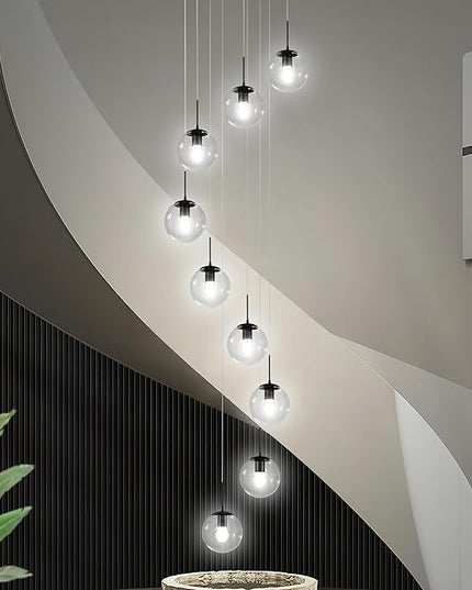 KoKo&Yukina 9-Light Globe Glass Pendant Light Adjustable Length Pendant Lights Fixtures Modern Black Clear Globe Glass Chandelier High Ceiling Lights Fixtures for Foyer Staircase (Bulb & Remote Incl)