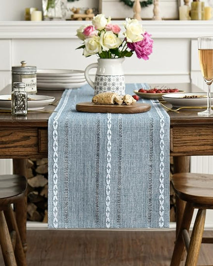 Artoid Mode Dusty Blue Cotton Linen Table Runner, Seasonal Rustic Embroidered Hollow Kitchen Dining Table Decoration for Home Party Decor 13x36 Inch