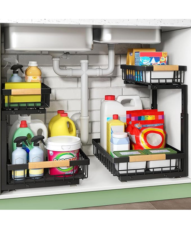Under Sink Organizer, 2 Packs 2 Tier Under Sink Organizers and Storage, Slide out Pull out Cabinet Organizer Shelf, Metal Sliding Drawer for Kitchen Bathroom Pantry Cabinet Closet Organization Rack