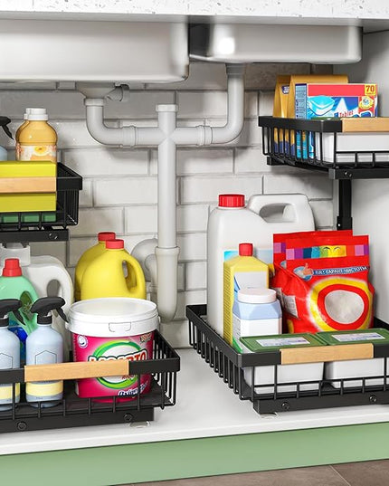 Pull out Cabinet Organizer, 2 Tier Under Sink Organizer, Slide out Metal Kitchen Cabinet Organizers Drawer Shelf, Sliding Storage Shelves for Kitchen Bathroom Pantry Cabinet Closet Organization Rack