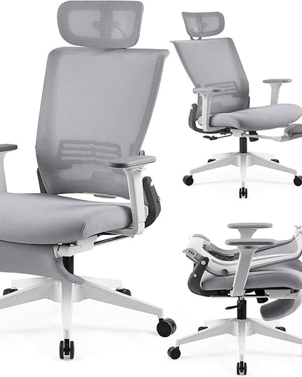 Foldable Office Chair with Foot Rest, Ergonomic Office Chair with Adjustable Lumbar Support, Headrest, Armrest, Home Office Desk Chairs for Space Saving, Grey