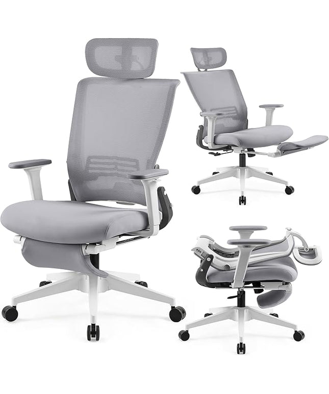 Foldable Office Chair with Foot Rest, Ergonomic Office Chair with Adjustable Lumbar Support, Headrest, Armrest, Home Office Desk Chairs for Space Saving, Grey