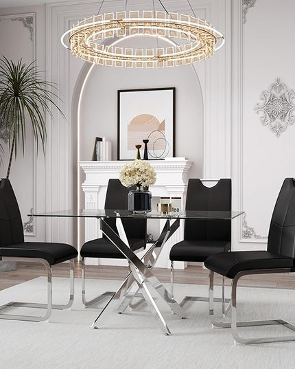 5 Piece Dining Table Table Set, Modern Tempered Glass Dining Table Set for 4 Kitchen Table Set with 4 Upholstered Chairs for Kitchen Dining Room (Sliver Table with Black Hoop Leg Chairs)