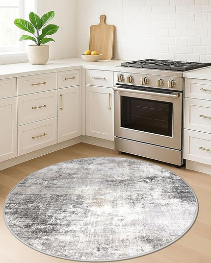 IOHOUZE Round Area Rug 5 Ft Circle Entryway Rugs Round Washable Door Mat Indoor Entrance, Non Slip Circle Front Door Rug, Printed Abstract Faux Wool Floor Carpet for Foyer Porch Sink, Grey Beige