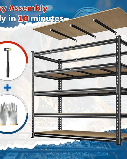 55" W Storage Shelves, 2550LBS Garage Shelving, 5-Tier Metal Shelving Unit, Adjustable Heavy Duty Shelving for Garage, Warehouse, Pantry, Kitchen, 55" W × 24" D × 72" H, Black