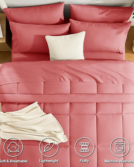 CozyLux Full Size Comforter Sets Coral, 7 Pieces Bed in a Bag, Coral Comforter Full Size, All Season Bedding Sets with Stitch Quilted Comforter, Flat Sheet, Fitted Sheet, Pillowcases