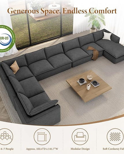 Vesgantti 204.7" Oversized Boneless Sectional Couch, Modern 9 Seater Modular Sofa with Chaise, Deep Seat Corduroy Convertible Cloud Couches for Living Room, No Assembly Required, Dark Gray