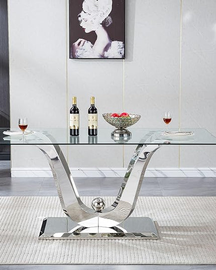 70" Rectangular Glass Dining Table for 4-6, Modern Kitchen Table for 6, U Shape Stainless Steel Base, Silver and Glass Dining Room Table for 6
