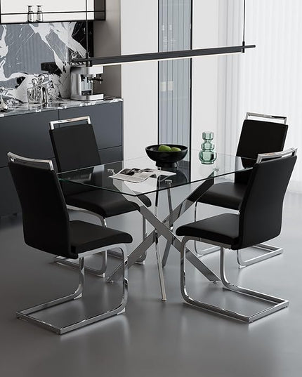 5 Piece Dining Table Table Set, Modern Tempered Glass Dining Table Set for 4 Kitchen Table Set with 4 Upholstered Chairs for Kitchen Dining Room (Sliver Table with Black Chairs)