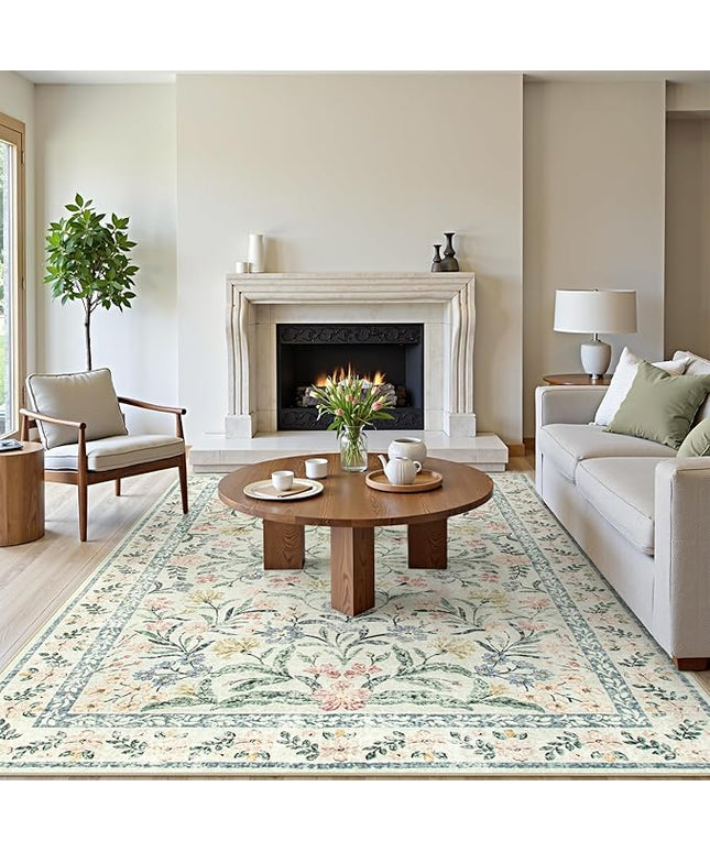 Wonnitar Large Rugs for Living Room, Soft Washable Floral 9x12 Area Rug for Bedroom, Boho Non-Shedding Foldable Carpet for Kids Playroom Apartment Home Decor
