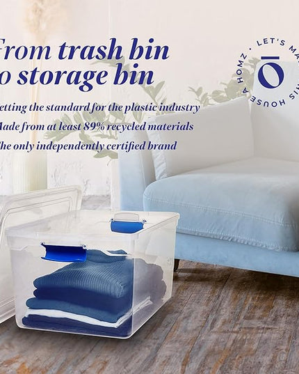HOMZ 2-Pack Latching Lid, Large Clear Plastic Storage Bins with Lids, 66 Quart, Blue Latch - Stackable Container Boxes for Home, Bathroom, and Office Organization