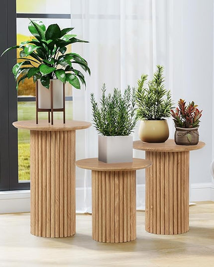 Round Nesting Coffee Table Set of 3,Mid Century Modern Fluted Coffee and End Table Set,Small Circle Wooden Side Table Drink Table for Living Room (Natural)