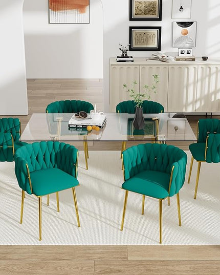 7 Piece Golden Glass Dining Table Set, 63'' Modern Luxury Rectangle Kitchen Table Set, Large Minimalist Dinner Table Set for 6, Green Woven Chair, for Living Room Apartment Leisure Office