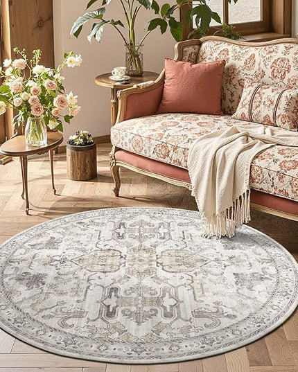 jinchan Round Rug 4ft Area Rug Indoor Vintage Floral Circle 4' Washable Ultra-Thin Low Pile Soft Small Non Slip Distressed Print for Living Room Dining Room Bedroom Entryway Taupe