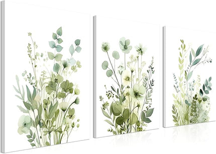 Boho Floral Canvas Wall Art Set of 3, Sage Green Wildflower Botanical Wall Decor Painting, Minimalist Watercolor Flowers Posters Prints for Bedroom Bathroom Living Room 16x24 In Framed