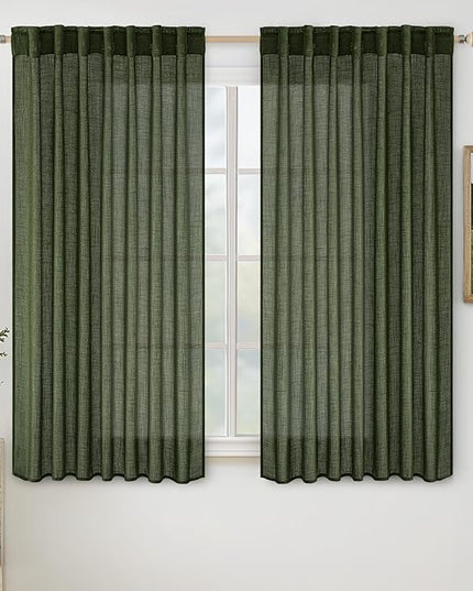 MIULEE Olive Green Linen Curtains 63 Inch Length 2 Panels for Bedroom Living Room, Soft Thick Linen Textured Kitchen Window Drapes Semi Sheer Light Filtering Back Tab Rod Pocket Burlap Look Decor