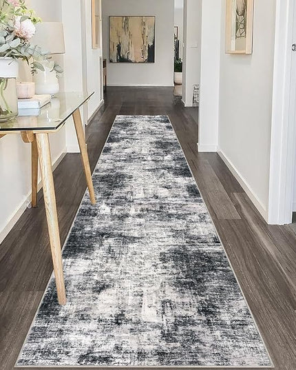 IOHOUZE Abstract Runner Rug 2x10 Ft Washable Runners for Hallways, Non Slip Kitchen Runner Printed Faux Wool Entryway Runner Indoor, Modern Abstract Floor Carpet for Hall Kitchen, Black Gey