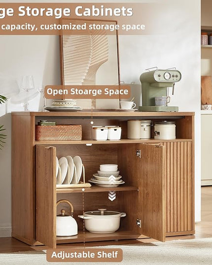 LEYAOYAO Fluted Buffet Cabinet with Storage, 45" Wide Modern Sideboard Credenza with 3 Doors & Open Storage Shelf, Wood Kitchen Console Accent Cabinets, Coffee Bar Table for Dining Room, Tea Brown