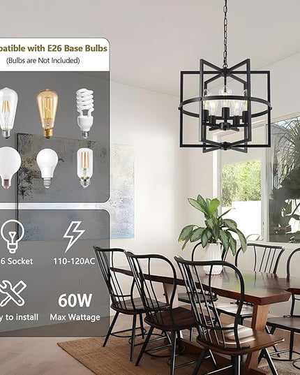 19'' Black Chandelier for Dining Room, 5-Light Modern Farmhouse Chandelier with Geometric Cage Adjustable Industrical Hanging Pendant Light Fixture for Kitchen Entryway Hallway Foyer Bedroom